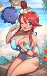  1girl absurdres artist_logo beach bikini blue_bikini blue_eyes blue_flower blush breasts cleavage commentary_request dark-skinned_female dark_skin day fanning_face fanning_self feet_out_of_frame flower gonzarez hair_between_eyes hibiscus highres hot huge_breasts jumpluff logo looking_at_viewer navel ocean one_eye_closed one_side_up open_mouth outdoors pokemon pokemon_(creature) pokemon_masters_ex red_flower red_hair shiny_skin shore sidelocks simple_background sitting skyla_(pokemon) skyla_(summer_2025)_(pokemon) sweat swimsuit twitter_username 