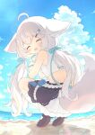  1girl ahoge animal_ears beach black_shoes blue_ribbon closed_eyes commission cropped_shirt facing_viewer fox_ears fox_girl fox_tail from_behind hair_ribbon highres kneehighs long_hair low_twintails ocean open_mouth original outdoors ribbon sakurada_shiro_(hy_plus) sakurada_shiro_(summer_lite)_(hy_plus) shirt shoes skeb_commission sleeveless sleeveless_shirt socks solo squatting tail tiptoes twintails tyomimas very_long_hair white_hair white_shirt white_socks 