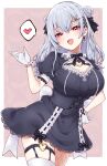  1girl asymmetrical_legwear black_gemstone blush breasts chest_strap cleavage cleavage_cutout clothing_cutout cowboy_shot cross-laced_clothes cross-laced_dress double_bun dress earrings fishnet_pantyhose fishnets frills gem gloves grey_hair hair_bun hair_ornament hakase_fuyuki hakase_fuyuki_(7th_costume) hand_on_own_hip heart heart-shaped_pupils heart_earrings heart_o-ring highres jewelry kurokubo_(yakekubo) lace-trimmed_sleeves lace_trim large_breasts long_hair looking_at_viewer maid neck_ribbon nijisanji o-ring o-ring_thigh_strap open_mouth pantyhose red_eyes ribbon simple_background skirt smile solo symbol-shaped_pupils thigh_strap thighhighs virtual_youtuber white_gloves white_thighhighs x_hair_ornament zettai_ryouiki 