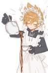 1boy alternate_costume ao_ringo_(yakirinngo_ha) apron black_gloves blonde_hair blush closed_eyes commentary_request crossdressing crossdressing_(mtf) cup enmaided frilled_apron frills gloves holding holding_teapot kingdom_hearts maid maid_headdress male_focus male_maid pouring roxas short_hair smile tea teacup teapot 
