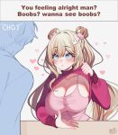  1boy 1girl blonde_hair blondedaze blue_eyes boobs?_wanna_touch_boobs?_(meme) breasts camisole cleavage closed_mouth clothes_lift collarbone constricted_pupils cropped_sweater double_bun english_commentary english_text hair_bun hair_ornament hairclip hand_up heart indie_virtual_youtuber large_breasts lifting_own_clothes long_sleeves looking_at_another meme noodychaan pink_shirt pink_sweater second-party_source shirt sleeveless sleeveless_shirt solo_focus spaghetti_strap sweater sweater_lift taut_clothes taut_shirt virtual_youtuber 