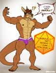  2018 2019 ?! abs anthro biceps briefs brown_hair clothed clothing dangaroo english_text eyewear glasses hair kihu macropod male mammal marsupial muscular muscular_male navel nipples pecs purple_underwear simple_background solo speech_bubble text topless underwear white_background 