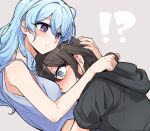  !? 2girls bang_dream! bare_arms black_hair black_hoodie blue_eyes blue_hair blue_tank_top blush closed_mouth grey_background hood hoodie hug long_hair matsubara_kanon multiple_girls okusawa_misaki opi purple_eyes simple_background smile sweat tank_top yuri 