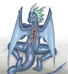 2025 3_toes ambiguous_gender animate_inanimate ankle_spikes anthro back_wings biped black_eyes black_mouth blue_body blue_tongue colored dragon feet glistening glistening_body glistening_head glistening_legs glistening_tail green_hair hair hi_res hollow_body horn kneeling latex_body living_clothing lock membrane_(anatomy) membranous_wings mythological_creature mythological_scalie mythology nude padlock rear_view scalie seam_(sewing) signature sitting snout solo spread_legs spreading tentacle_suit toes tongue unusual_anatomy vayu wings zipper