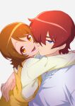  1boy 1girl ahoge blue_eyes blunt_bangs bob_cut brown_hair cheek-to-cheek couple face-to-face flirting hand_on_another&#039;s_shoulder hand_on_another&#039;s_waist happinesscharge_precure! heads_together highres hug long_sleeves looking_at_viewer looking_up mature_male medium_hair oomori_yuuko open_mouth parted_bangs phantom_(happinesscharge_precure!) precure red_hair shirt signature suspenders upper_body wasa7subi watermark white_background white_shirt yellow_shirt 
