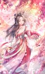 1girl artist_request blue_eyes bow-shaped_hair brown_hair chinese_clothes closed_mouth cloud_and_flower_(shining_nikki) collarbone detached_sleeves feet_out_of_frame floating_clothes floating_hair floral_print flower forehead frilled_hanfu game_cg hair_ornament hairpin half-closed_eyes hand_up hanfu happy highres holding holding_petal holding_umbrella jewelry lipstick long_hair long_sidelocks long_sleeves makeup necklace nikki_(series) official_art oil-paper_umbrella outdoors petals purple_flower qing_yumo red_hanfu red_lips red_ribbon red_sleeves ribbon shining_nikki sidelocks sleeveless sleeveless_hanfu smile solo spring_(season) standing sunset tassel tassel_hair_ornament umbrella umbrella_over_shoulder white_umbrella wide_sleeves wind wisteria 
