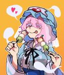  1girl blue_bow blue_hat bow breasts brown_horns candy dango food frilled_hair_tubes frills hair_between_eyes hair_bow hair_tubes hakurei_reimu hat hitodama holding holding_food horn_bow horn_ornament horn_ribbon horns ibuki_suika iganashi1 large_breasts licking_lips long_sleeves looking_at_food mob_cap neck_ribbon obi one-hour_drawing_challenge oni orange_eyes orange_hair pink_eyes pink_hair red_bow red_eyes ribbon saigyouji_yuyuko sash short_hair sidelocks simple_background solo tongue tongue_out touhou triangular_headpiece upper_body wagashi wavy_hair wide_sleeves yellow_background yellow_eyes yukkuri_shiteitte_ne 