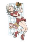  1girl alternate_hairstyle apron argyle_background bandaid bandaid_on_knee bandaid_on_leg blue_background blush bracelet braid braided_hair_rings burger colored_eyelashes dot_nose dress earrings employee_uniform fast_food_uniform food french_fries full_body gakuen_idolmaster grey_hair hair_ornament hair_rings hairclip hat highres holding holding_plate idolmaster jewelry long_hair looking_at_viewer miniskirt nail_polish open_mouth orange_eyes parted_bangs plate red_dress red_nails roller_skates shinosawa_hiro short_sleeves shorts shorts_under_skirt skates skirt sks_(s3_rosquilla) socks solo twin_braids waist_apron white_background white_shorts white_socks white_wrist_cuffs wrist_cuffs 