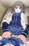  2girls absurdres amamiya_satsuki_(mono) blurry blurry_background blush camera collared_shirt drill_hair female_pov from_below grey_hair hair_between_eyes hair_ribbon hand_on_another&#039;s_thigh highres holding holding_camera indoors kiriyama_an leg_lock long_sleeves looking_at_viewer lying mono_(afro) multiple_girls neck_ribbon on_back panties panties_around_one_leg pleated_skirt pov red_eyes ribbon school_uniform shirt skirt smile soha_(sirohase) sweater_vest thick_eyebrows thighhighs twin_drills twintails underwear white_shirt yuri 