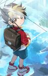  1boy after_rain amanogawa_ryuusei artist_name backpack bag black_hair blonde_hair blue_shorts briefcase brown_bag brown_eyes child closed_mouth commentary from_above full_body hair_between_eyes highres holding holding_umbrella jacket jinzou_konchuu_kabutoborg_vxv kuroda_(kuro_yyy) looking_at_viewer looking_up male_focus outdoors puddle red_jacket red_shoes reflection reflective_water school_briefcase shirt shoes short_hair shorts signature sneakers solo standing symbol-only_commentary transparent transparent_umbrella umbrella water white_shirt wristband 