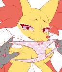 anthro blush bottomwear bow_panties bow_underwear breasts clothed clothing colored_edge_panties colored_edge_underwear crotch_seam delphox digital_media_(artwork) english_text eyebrows eyelashes female fingers frilly frilly_clothing frilly_panties frilly_underwear fur game_freak generation_6_pokemon hair hi_res holding_clothing holding_object holding_panties holding_underwear inner_ear_fluff looking_at_viewer mammal nintendo offering_panties offering_underwear panties pokemon pokemon_(species) presenting presenting_panties presenting_underwear sharalythesheep simple_background smile solo text tuft underwear yellow_body yellow_fur