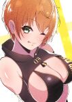  1girl ;p adapted_costume bikini black_bikini breasts brown_hair cleavage goddess_of_victory:_nikke green_eyes kamitsune28rita large_breasts lily_artemis_ii_(stellar_blade) looking_at_viewer mole mole_under_eye one_eye_closed short_hair simple_background smile solo stellar_blade swimsuit tongue tongue_out upper_body 
