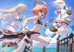  4girls absurdres ahoge alternate_costume animal_ear_fluff animal_ears asuna_(blue_archive) bandaid bandaid_on_knee bandaid_on_leg bikini bikini_skirt bikini_top_only black_bikini black_halo blonde_hair blue_archive blue_bikini blue_halo blue_sky braid breasts brown_hair denim denim_shorts fence flat_chest fox_ears fox_girl fox_tail halo highres izuna_(blue_archive) izuna_(swimsuit)_(blue_archive) kokukyukeo lifebuoy long_hair medium_breasts michiru_(blue_archive) multiple_girls nail_polish navel neru_(blue_archive) open_mouth orange_hair pink_halo raccoon_ears raccoon_girl raccoon_tail red_eyes red_scarf sandals scarf shorts sign single_braid sky striped_bikini striped_clothes swim_ring swimsuit tail water yellow_eyes 