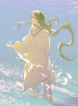  1other androgynous arabian_clothes barefoot cangchen enkidu_(fate) fate/grand_order fate_(series) genderswap genderswap_(otm) green_eyes green_hair highres long_hair robe toga white_robe 