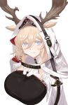  1girl absurdres animal_ears antlers arknights blonde_hair breasts bright_pupils closed_mouth cropped_torso ears_through_headwear hair_between_eyes highres hood hood_up horns large_breasts long_bangs medium_hair purple_eyes remapack77 simple_background smile solo viviana_(arknights) white_background white_hood white_pupils 