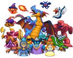  1girl 2boys armor axe bewarewolf black_hair blue_armor blue_helmet blue_skin breath_weapon breathing_fire chimaera_(dragon_quest) colored_skin dracky dragon_lord dragon_quest dragon_quest_i dress drohl_drone fire ghost_(dragon_quest) gloves golem_(dragon_quest) green_dragon_(dragon_quest) grin hair_horns helmet hero_(dq1) holding holding_axe holding_sword holding_weapon knight_errant lunatick metal_slime multiple_boys open_mouth own_hands_clasped own_hands_together pixel_art pixelflag prestidigitator_(dragon_quest) princess_laura purple_robe robe scorpion_(dragon_quest) sharp_teeth she-slime skeleton_(dragon_quest) slime_(dragon_quest) smile sword teeth tiara weapon white_gloves yellow_dress 