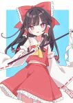  1girl :p absurdres ascot between_fingers black201_wav blush bow brown_hair commentary detached_sleeves frilled_bow frilled_hair_tubes frilled_skirt frills gohei hair_bow hair_tubes hakurei_reimu highres holding holding_gohei long_hair looking_at_viewer ofuda ofuda_between_fingers red_bow red_eyes red_skirt ribbon-trimmed_sleeves ribbon_trim skirt skirt_set solo tongue tongue_out touhou yellow_ascot 