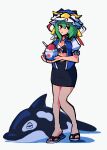  1girl asymmetrical_hair bikini black_bikini black_eyes black_skirt breasts cleavage closed_mouth flip-flops front-tie_bikini_top front-tie_top full_body green_hair highres iganashi1 looking_at_viewer medium_breasts multicolored_bikini pencil_skirt sandals shiki_eiki short_hair short_sleeves simple_background skirt solo swimsuit touhou white_background white_bikini 