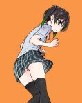  1girl black_hair black_skirt black_thighhighs breasts gradient_hair green_eyes green_hair grey_shirt highres looking_at_viewer looking_back love_live! love_live!_nijigasaki_high_school_idol_club multicolored_hair no_panties orange_background plaid_clothes plaid_skirt pleated_skirt shirt shiwasu_no_okina simple_background skirt small_breasts solo takasaki_yu thighhighs twintails 