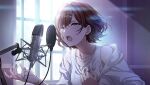  1girl bare_shoulders hair_ornament hairclip highres higuchi_madoka idolmaster idolmaster_shiny_colors jewelry microphone music necklace official_art open_mouth pink_nails red_eyes ring singing window 