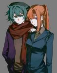  1boy 1girl :o aqua_eyes aqua_hair beanie blazer blue_jacket braid brown_shirt checkered_necktie chidouin_sara closed_mouth collared_shirt expressionless frown green_hat green_necktie grey_background hand_in_pocket hand_on_another&#039;s_shoulder hat high_ponytail highres hiyori_sou jacket kimi_ga_shine long_hair looking_ahead looking_to_the_side necktie open_clothes open_jacket open_mouth orange_hair pale_skin parted_bangs parted_lips ponytail purple_jacket red_scarf scarf shirt short_hair side_part single_hair_intake single_sidelock straight_hair upper_body wing_collar yellowmao0509 