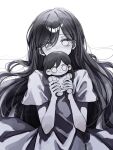  1girl character_doll commentary covered_mouth doll dress eyes_visible_through_hair film_grain greyscale hair_behind_ear hanabata0320 hands_up highres holding holding_doll long_hair looking_at_viewer mari_(omori) mari_(spirit)_(omori) monochrome no_pupils omori short_sleeves simple_background solo spoilers straight-on swept_bangs symbol-only_commentary upper_body very_long_hair wavy_hair white_background 