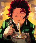  1boy ^_^ blush bowl closed_eyes commentary_request eating food haori imamuu_(imamoon) japanese_clothes kamado_tanjirou kimetsu_no_yaiba male_focus noodles ramen red_hair scar scar_on_face short_hair signature solo tassel upper_body 