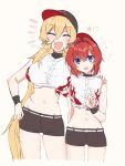  2girls ^_^ ange_katrina ayuko_ammobium baseball_cap blonde_hair blue_eyes blush breasts brown_hat brown_shorts closed_eyes commentary_request cowboy_shot fang flame_print flat_chest flying_sweatdrops groin hair_between_eyes hair_intakes hair_ornament hair_over_shoulder hand_on_another&#039;s_shoulder hand_on_own_hip hand_up hat height_difference highres large_breasts long_bangs long_hair looking_at_viewer medium_hair multiple_girls navel nijisanji notice_lines nui_sociere official_alternate_costume open_mouth print_shirt red_hair red_hat shirt short_shorts shorts side-by-side skin_fang sleeveless sleeveless_shirt smile star_(symbol) stomach sweat tied_shirt triangle_hair_ornament v very_long_hair virtual_youtuber white_background white_shirt wristband 