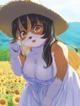 2025 3:4 4_fingers anthro big_breasts black_hair black_nose blonde_hair bow_ribbon breasts brown_eyes canid canine canis chunithm chunithm_luminous claws cleavage clothed clothing detailed_background domestic_dog dress ears_through_headwear eyebrow_through_hair eyebrows eyelashes female finger_claws fingers flower flower_field forest front_view fur gloves_(marking) hair hat headgear headwear hi_res inuko_mimimi_(sega) leaning leaning_forward looking_at_viewer mammal markings multicolored_body multicolored_eyes multicolored_fur multicolored_hair open_mouth orange_body orange_eyes orange_fur pawpads plant portrait sega sega_fave signature smile snout solo sun_hat sunflower tatumi079 three-quarter_portrait translucent translucent_hair tree white_body white_clothing white_dress white_fur