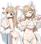  1girl animal_collar animal_ears bell bfmelu bikini breasts brown_hair cat_ears collar green_eyes highres huge_breasts jingle_bell leash long_hair mature_female micro_bikini neck_bell original simple_background swimsuit vaccine_scar white_background white_bikini 