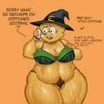 absurd_res alphys anthro big_breasts black_eyes bodily_fluids bra breasts brown_pubes buckteeth cleavage clothed clothing dialogue electronics eyelashes eyewear female freckles front_view genitals glasses green_bra green_clothing green_thong green_underwear grey_clothing grey_hat grey_headwear grey_topwear hand_on_chest hat headgear headwear hi_res holding_object holding_phone lizard navel nervous nipple_outline orange_background overweight overweight_female phone pube_peek pubes pussy_floss redmanart reptile round_glasses scales scalie simple_background solo sweat sweatdrop teeth text thick_thighs thong topwear undertale_(series) underwear vulva wide_hips witch_costume witch_hat yellow_body yellow_scales
