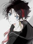  1boy belt_buckle black_hair black_jacket black_shirt blonde_hair blue_eyes buckle crew_neck curtained_hair dot_nose hair_behind_ear highres hood hood_down hooded_jacket jacket looking_at_viewer male_focus misosuupu1216 multicolored_hair nijisanji open_mouth red_hair saegusa_akina shirt short_hair solo streaked_hair sweatdrop upper_body virtual_youtuber wide-eyed 