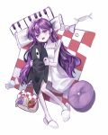  1girl alternate_costume blush character_doll colored_skin doll holding holding_stuffed_toy long_hair looking_at_viewer mari_(headspace)_(omori) mari_(omori) omori open_mouth purple_eyes purple_hair rice_burgerr simple_background smile solo something_(omori) spoilers stuffed_toy teeth upper_teeth_only white_background white_skin white_sleeves 