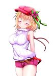  1girl ;t =_= amyi arched_back armpits arms_behind_back bare_shoulders belt blonde_hair blush breasts bursting_breasts closed_mouth cowboy_shot hair_between_eyes hat koucha_rakkyo large_breasts ribbon sabrina_to_muryoku_na_tamashii short_hair short_shorts shorts simple_background sleeveless sleeveless_sweater solo standing sweater thighs turtleneck turtleneck_sweater white_background white_sweater 