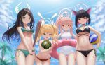  4girls after-school_sweets_club_(blue_archive) airi_(blue_archive) alternate_costume animal_ears ball baseball_bat beach_volleyball bikini black_bikini black_choker black_eyes black_hair blonde_hair blue_archive blue_sky blunt_bangs bob_cut breasts carrying cat_ears cat_girl choker cleavage cloud cloudy_sky coconut_tree colored_inner_hair commentary_request extra_ears food fruit green_bikini green_eyes gyeonyu_art hair_between_eyes hair_ornament hairclip halo holding holding_ball holding_baseball_bat holding_food holding_fruit holding_swim_ring holding_watermelon kazusa_(blue_archive) leaning_forward long_hair looking_at_viewer multicolored_hair multiple_girls natsu_(blue_archive) navel one-piece_swimsuit outdoors palm_tree pink_hair pink_innertube red_bikini red_eyes short_hair side-tie_bikini_bottom side_ponytail sidelocks sky stomach summer swim_ring swimsuit tree twintails underboob volleyball_(object) watermelon white_one-piece_swimsuit wind yoshimi_(blue_archive) 