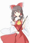  1girl absurdres ascot bow brown_hair chest_sarashi closed_mouth cobaltdream commentary detached_sleeves frilled_bow frilled_hair_tubes frills gohei hair_bow hair_tubes hakurei_reimu highres holding holding_gohei long_hair looking_at_viewer red_bow red_eyes red_skirt sarashi simple_background skirt skirt_set smile solo touhou white_background yellow_ascot 