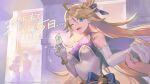  1boy 1girl aqua_eyes bare_shoulders blonde_hair blue_bow blue_bowtie bow bowtie breasts card cleavage copyright_notice crowd dress duel_masters duel_masters_play&#039;s elbow_gloves elena_(duel_masters) gloves hair_ornament highres holding holding_card holding_hands indoors large_breasts long_hair official_art one_eye_closed open_mouth pov pov_hands sarmat see-through_cleavage see-through_clothes translation_request upper_body very_long_hair white_dress 