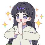  1girl alternate_hairstyle black_hair blush bow braid cardcaptor_sakura daidouji_tomoyo green_bow hair_bow highres long_hair long_sleeves open_mouth palms_together purple_eyes shirt simple_background smile solo sparkle twin_braids upper_body white_background white_shirt yalmyu 