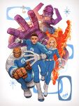  1girl 4boys ben_grimm blonde_hair blue_bodysuit bodysuit brown_hair david_nakayama facial_hair fantastic_four fire galactus gloves highres human_torch initial johnny_storm long_hair looking_at_viewer marvel marvel_cinematic_universe multiple_boys mustache official_art reed_richards short_hair sue_storm the_fantastic_four:_first_steps two-tone_bodysuit white_bodysuit white_gloves 