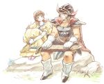  1boy 1girl boots dragon_quest dragon_quest_i dress fake_horns helmet hero_(dq1) horned_helmet horns knees_up long_dress looking_at_another on_rock princess_laura puffy_short_sleeves puffy_sleeves short_sleeves sitting slime_(dragon_quest) smile sparkle sweatdrop sword tiara weapon yellow_dress yuza 