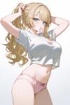  1girl arms_behind_head arms_up blonde_hair blondedaze blue_eyes breasts cowboy_shot crop_top crop_top_overhang english_commentary foame hair_ornament hair_tie_in_mouth hairclip heart highres indie_virtual_youtuber large_breasts long_hair looking_at_viewer mouth_hold navel no_pants panties pink_panties ponytail second-party_source shirt short_sleeves simple_background solo stomach thighs tying_hair underwear virtual_youtuber white_background white_shirt 