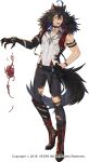  1boy ahoge animal_ears belt big_bad_wolf big_bad_wolf_(cosplay) black_belt black_boots black_choker black_fur black_gloves black_hair black_pants black_skin black_tail blue_gemstone blue_hair blue_streaks boots choker claws colored_skin cosplay ezekiel_(king&#039;s_raid) fangs full_body fur-trimmed_jacket fur_trim gem gloves half_gloves halloween halloween_costume highres hwansang_jungdog jacket king&#039;s_raid lace-up_boots male_focus muscular muscular_male official_alternate_costume official_art open_mouth pants red_boots red_jacket shirt short_hair simple_background single_glove solo tail torn_clothes torn_pants white_background white_shirt wolf_boy wolf_ears wolf_tail yarn yellow_eyes 