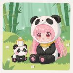  1girl animal_costume baby_bottle bamboo bamboo_forest baobao_(infinity_nikki) border bottle brown_eyes chibi commentary_request cosplay day eyelashes flower forest grey_border hair_through_headwear happy infinity_nikki kigurumi light_particles long_hair looking_at_animal nature nikki_(nikki) nikki_(series) object_on_head on_grass open_mouth outdoors panda_costume pink_hair scarf sitting smile sparkle tareme very_long_hair white_flower xialengzi yellow_scarf 