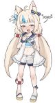  1girl animal_ears bikini blonde_hair blue_bikini blue_bow blue_eyes blue_hair blue_nails blush bow breasts brown_sandals cat_ears dress hair_bow highres indie_virtual_youtuber long_hair looking_at_viewer multicolored_hair nail_polish open_mouth sameko_saba sandals short_shorts shorts small_breasts smile solo striped_bikini striped_clothes swimsuit toenail_polish toenails two-tone_hair virtual_youtuber white_dress white_shorts zlix0n 