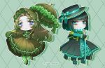  2girls :&lt; adapted_costume aqua_bow aqua_bowtie aqua_dress aqua_eyes aqua_hair black_gloves black_hair black_pantyhose blind_obsession_(e.g.o) blue_brooch blue_eyes bob_cut bonnet bow bowtie brown_bonnet brown_dress brown_hair brown_shoes brown_umbrella cane chibi dress e.g.o_(project_moon) effervescent_corrosion_(e.g.o) frilled_dress frills full_body gem gloves gradient_hair green_background green_bow green_bowtie green_hair green_pantyhose green_ribbon grey_hat grey_shoes hat holding holding_cane holding_umbrella limbus_company long_hair long_sleeves looking_at_viewer multicolored_hair multiple_girls pantyhose parted_bangs pearl_(gemstone) project_moon ribbon rodion_(project_moon) ryoshu_(project_moon) shoes short_hair simple_background standing umbrella yue_doux 
