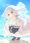  1girl ahoge animal_ears beach black_shoes blue_ribbon closed_mouth commission cropped_shirt fox_ears fox_girl fox_tail from_behind hair_ribbon highres kneehighs long_hair looking_at_viewer looking_back low_twintails ocean original outdoors red_eyes ribbon sakurada_shiro_(hy_plus) sakurada_shiro_(summer_lite)_(hy_plus) shirt shoes skeb_commission sleeveless sleeveless_shirt smile socks solo squatting tail tiptoes twintails tyomimas very_long_hair white_hair white_shirt white_socks 