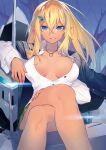  amesuku_gyaru blonde_hair blue_eyes branch breasts breasts_apart clenched_teeth colored_tips convenient_leg cover cover_page crossed_bangs crossed_legs dark-skinned_female dark_elf dark_elf_no_mori_to_nare dark_skin diffraction_spikes elbow_rest elf eyeliner green_eyes grey_hair gyaru hair_between_eyes hair_ornament hairpin hand_on_own_thigh highres horns jacket jacket_on_shoulders jewelry kodama_(wa-ka-me) kogal large_breasts long_hair makeup mechanical_horns miniskirt multicolored_eyes multicolored_hair necklace no_bra novel_cover official_art partially_unbuttoned pointy_ears red_eyeliner robot second-party_source sheena_grave_zainmery shirt single_horn sitting_on_robot skirt streaked_hair teeth two-tone_eyes white_shirt 