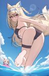  1girl :3 absurdres alternate_costume animal_ear_fluff animal_ears ass bandaid bandaid_hair_ornament barefoot bikini black_bikini blonde_hair blue_hair blue_hairband blue_sky breasts closed_mouth cloud commentary crossed_bangs day dog_ears dog_girl dog_tail double-parted_bangs foot_up from_behind fuwawa_abyssgard hair_between_eyes hair_ornament hairband hairclip hashtag-only_commentary highres hololive hololive_english horn_hairband large_breasts long_hair looking_at_viewer looking_back mococo_abyssgard multicolored_hair ocean outdoors pink_eyes revision siblings sisters sky soles solo streaked_hair swimsuit tail thigh_gap thigh_strap toes twins two_side_up underboob virtual_youtuber wading water x_xith_x 