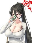  1girl arm_behind_back black_bra black_hair blue_archive bra bra_peek breasts butterfly_tattoo chain chest_tattoo cleavage collarbone commentary_request copyright_logo cup disposable_coffee_cup disposable_cup dongtan_dress dress drinking earrings eyelashes hair_between_eyes halo hand_up hasumi_(blue_archive) highres holding holding_cup impossible_clothes impossible_dress jewelry kkuni large_breasts long_bangs long_hair looking_ahead loosely_tucked_bangs mole mole_under_eye necklace pearl_earrings ponytail red_eyes red_halo simple_background solo starbucks straight_hair sweatdrop tattoo taut_clothes taut_dress underwear upper_body variant_set white_background white_dress 