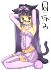  1girl animal_ears arms_up breasts cat_ears cat_girl cat_tail center_frills collar elbow_gloves frills glasses gloves hair_intakes hair_lift highres long_hair looking_at_viewer midriff navel original pink_gloves pink_shorts pink_thighhighs purple_hair semi-rimless_eyewear short_shorts shorts simple_background sitting slippers small_breasts solo tail thighhighs veloexotica wariza white_background yellow_eyes 